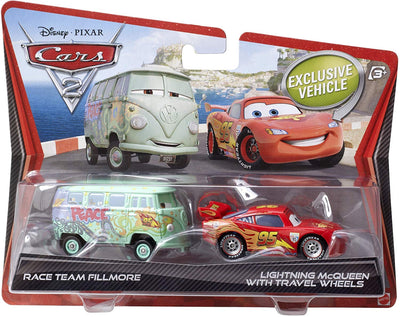 Disney Pixar Cars 2 Movie Race Team Fillmore and Lightning McQueen with Travel Wheels