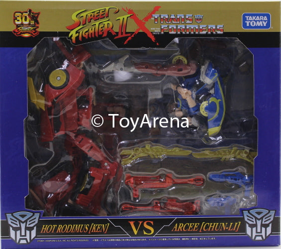 Takara Tomy Transformers X Street Fighter II Chun-Li (Arcee) Vs. Ken (Hot Rodimus) Action Figure Set Exclusive