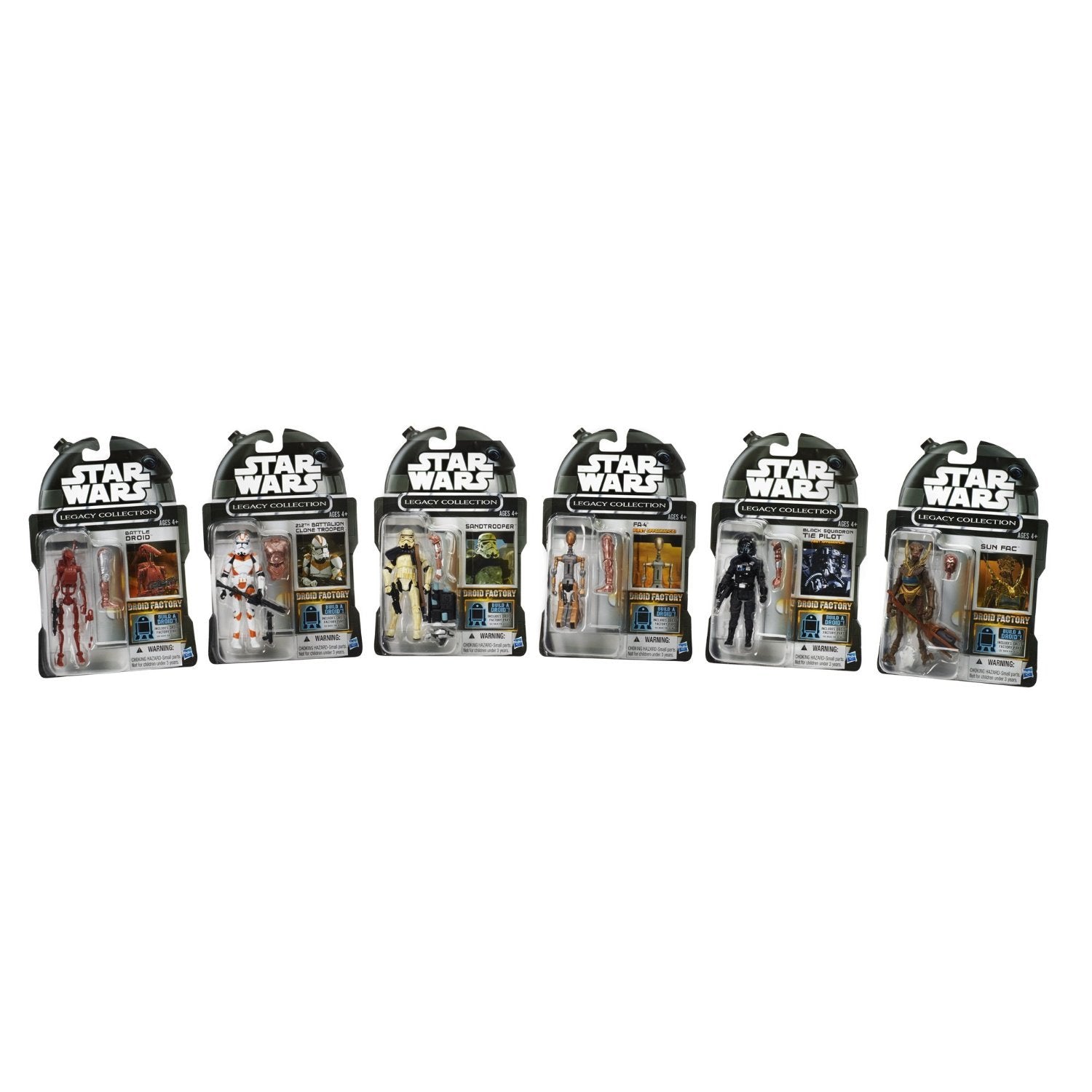 Star Wars Legacy Collection Droid Factory 6-pack Exclusive Black Squadron Tie Pilot, Sun Fac, Sandtrooper, 212th Battalion clone trooper, Battle Droid, and FA-4